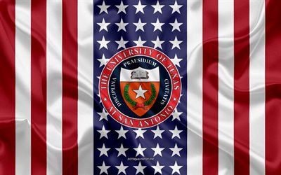 emblem der universit&#228;t von texas in san antonio, amerikanische flagge, logo der universit&#228;t von texas in san antonio, san antonio, texas, usa, universit&#228;t von texas in san antonio