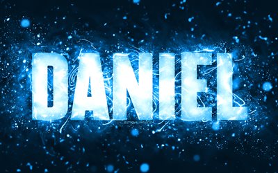 Grattis p&#229; f&#246;delsedagen Daniel, 4k, bl&#229; neonljus, Daniel namn, kreativ, Daniel Grattis p&#229; f&#246;delsedagen, Daniel f&#246;delsedag, popul&#228;ra amerikanska manliga namn, bild med Daniel namn, Daniel