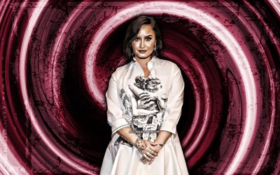 4k, Demi Lovato, fond grunge violet, chanteur am&#233;ricain, stars de la musique, vortex, Demetria Devonne Lovato, cr&#233;atif, Demi Lovato 4K
