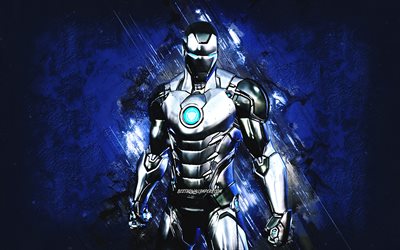 Fortnite Silver Foil Iron Man Skin, Fortnite, personajes principales, fondo de piedra azul, Silver Foil Iron Man, M&#225;scaras de Fortnite, Piel de Silver Foil Iron Man, Silver Foil Iron Man Fortnite, Personajes de Fortnite