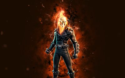 Ghost Rider, 4k, orange neon lights, Fortnite Battle Royale, Fortnite characters, Ghost Rider Skin, Fortnite, Ghost Rider Fortnite