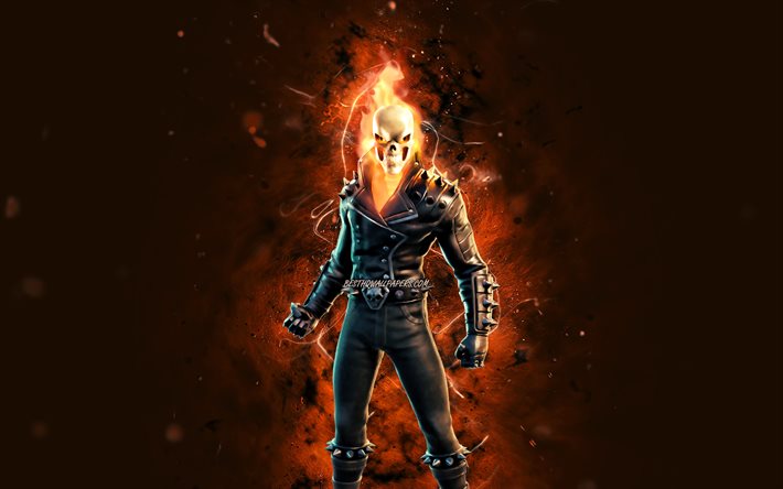 Ghost Rider, 4k, luzes de n&#233;on laranja, Fortnite Battle Royale, Personagens Fortnite, Ghost Rider Skin, Fortnite, Ghost Rider Fortnite