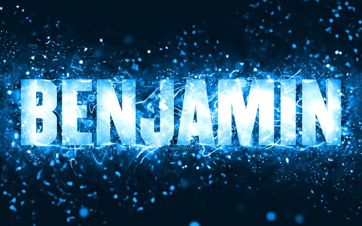 Buon compleanno Benjamin, 4k, luci al neon blu, nome Benjamin, creativo, buon compleanno Benjamin, compleanno Benjamin, nomi maschili americani popolari, foto con il nome di Benjamin, Benjamin