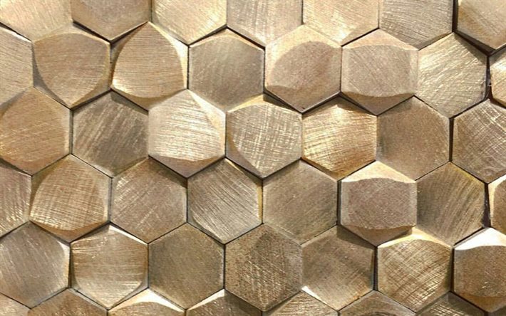 hexagones en bois, texture 3D hexagones, nid d&#39;abeille en bois, motifs hexagones, textures hexagones, textures 3D, fonds en bois, nid d&#39;abeille, textures en bois