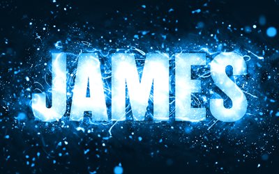 Buon compleanno James, 4k, luci al neon blu, nome James, creativo, James Happy Birthday, James Birthday, famosi nomi maschili americani, foto con nome James, James