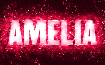 alles gute zum geburtstag amelia, 4k, rosa neonlichter, amelia-name, kreativ, amelia alles gute zum geburtstag, amelia-geburtstag, beliebte amerikanische frauennamen, bild mit amelia-namen, amelia