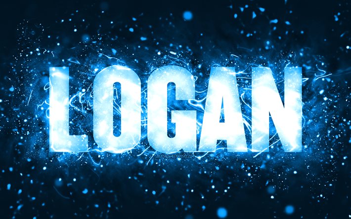Feliz Anivers&#225;rio Logan, 4k, luzes de n&#233;on azuis, Nome Logan, criativo, Logan Feliz Anivers&#225;rio, Logan Anivers&#225;rio, nomes masculinos americanos populares, imagem com o nome Logan, Logan