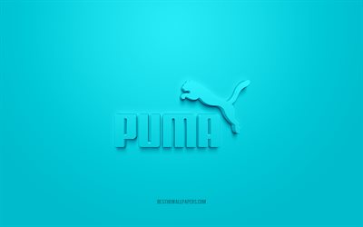 Logo Puma, sfondo turchese, logo Puma 3d, arte 3d, Puma, logo dei marchi, logo Puma, logo Puma 3d turchese
