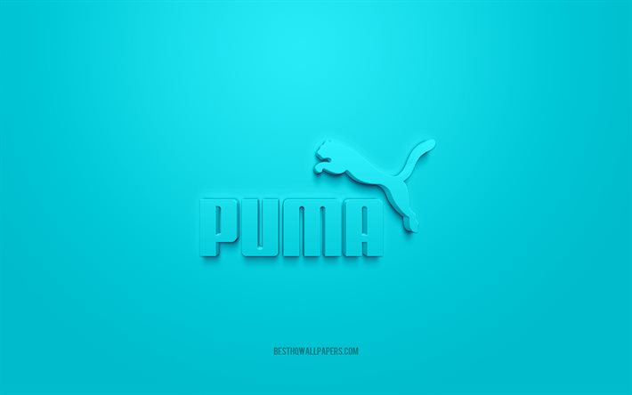 Puma logo, turquoise background, Puma 3d logo, 3d art, Puma, brands logo, turquoise 3d Puma logo