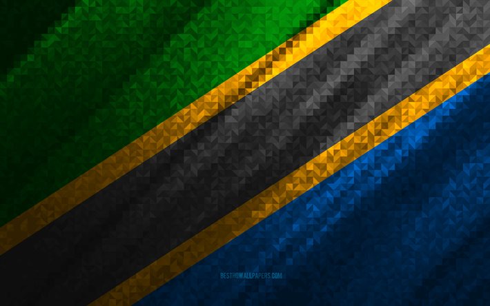 Bandera de Tanzania, abstracci&#243;n multicolor, bandera de mosaico de Tanzania, Tanzania, arte del mosaico, bandera de Tanzania