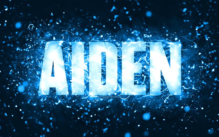Happy Birthday Aiden, 4k, blue neon lights, Aiden name, creative, Aiden Happy Birthday, Aiden Birthday, popular american male names, picture with Aiden name, Aiden