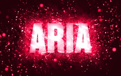 alles gute zum geburtstag aria, 4k, rosa neonlichter, aria name, kreativ, aria alles gute zum geburtstag, aria geburtstag, beliebte amerikanische weibliche namen, bild mit aria name, aria
