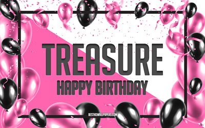 Happy Birthday Treasure, Birthday Balloons Background, Treasure, wallpapers with names, Treasure Happy Birthday, Pink Balloons Birthday Background, greeting card, Treasure Birthday