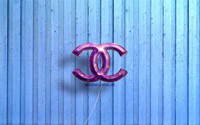 4k, Chanel logo, fashion brands, violet realistic balloons, Chanel 3D logo, Chanel, blue wooden backgrounds