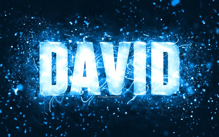 Buon compleanno David, 4k, luci al neon blu, nome di David, creativo, buon compleanno di David, compleanno di David, nomi maschili americani popolari, foto con nome di David, David