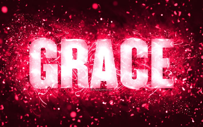 お誕生日おめでとうグレース, 4k, ピンクのネオンライト, 恵みの名前, creative クリエイティブ, グレースお誕生日おめでとう, グレースバースデー, 人気のアメリカ人女性の名前, グレースの名前の写真, Grace