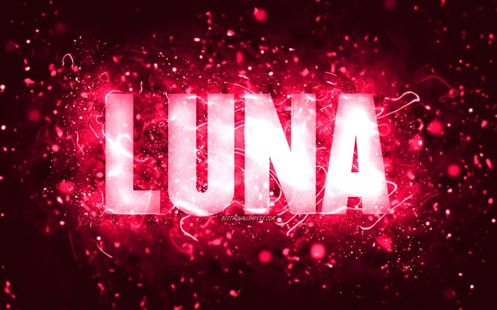 誕生日おめでとう, 4k, ピンクのネオンライト, ルナの名前, creative クリエイティブ, ルナの誕生日, 人気のアメリカ人女性の名前, ルナの名前の写真, LunaComment