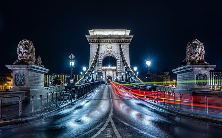 Ponte delle catene di Szechenyi, Budapest, notte, Danubio, ponte delle catene, monumenti Lions, paesaggio urbano di Budapest, Ungheria