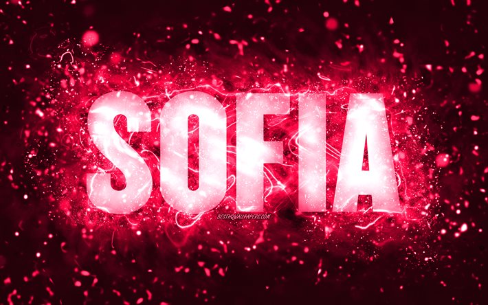 Joyeux anniversaire Sofia, 4k, n&#233;ons roses, nom de Sofia, cr&#233;atif, Sofia joyeux anniversaire, anniversaire de Sofia, noms f&#233;minins am&#233;ricains populaires, photo avec le nom de Sofia, Sofia