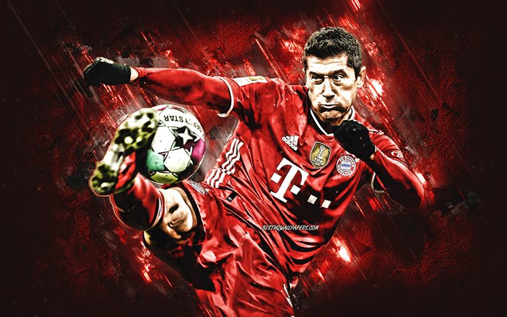 Robert Lewandowski, FC Bayern M&#252;nchen, Bundesliga, polsk fotbollsspelare, st&#229;ende, r&#246;d stenbakgrund, fotboll