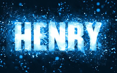 Happy Birthday Henry, 4k, blue neon lights, Henry name, creative, Henry Happy Birthday, Henry Birthday, popular american male names, picture with Henry name, Henry