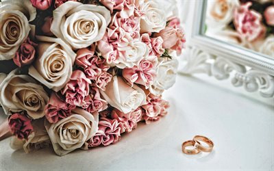 Anneaux de mariage en or, bouquet de mari&#233;e, roses, mariage, bouquet de roses, bagues en or