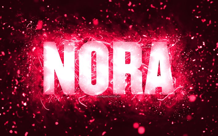 Buon compleanno Nora, 4k, luci al neon rosa, nome Nora, creativo, buon compleanno Nora, compleanno Nora, nomi femminili americani popolari, foto con nome Nora, Nora