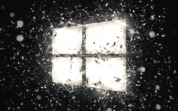 Windows 10 vit logotyp, 4k, vita neonljus, kreativ, svart abstrakt bakgrund, Windows 10-logotyp, OS, Windows 10