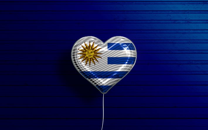 Jag &#228;lskar Uruguay, 4k, realistiska ballonger, bl&#229; tr&#228;bakgrund, Sydamerikanska l&#228;nder, Uruguays hj&#228;rta, favoritl&#228;nder, Uruguays flagga, ballong med flagga, Sydamerika, Uruguay, K&#228;rlek Uruguay