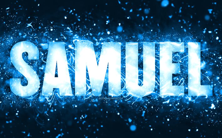 Happy Birthday Samuel, 4k, luci al neon blu, nome Samuel, creativo, Samuel Happy Birthday, Samuel Birthday, nomi maschili americani popolari, foto con nome Samuel, Samuel