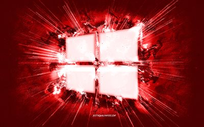 Windows logo, grunge art, red stone background, Windows 10 logo, Windows red logo, Windows, creative art, red Windows 10 logo