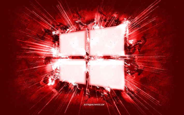 Logo Windows, art grunge, fond de pierre rouge, logo Windows 10, logo rouge Windows, Windows, art cr&#233;atif, logo Windows 10 rouge