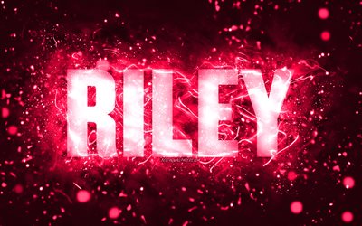 Download wallpapers Happy Birthday Riley, 4k, pink neon lights, Riley ...