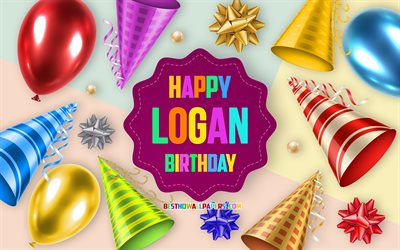 Happy Birthday Logan, 4k, Birthday Balloon Background, Logan, creative art, Happy Logan birthday, silk bows, Logan Birthday, Birthday Party Background