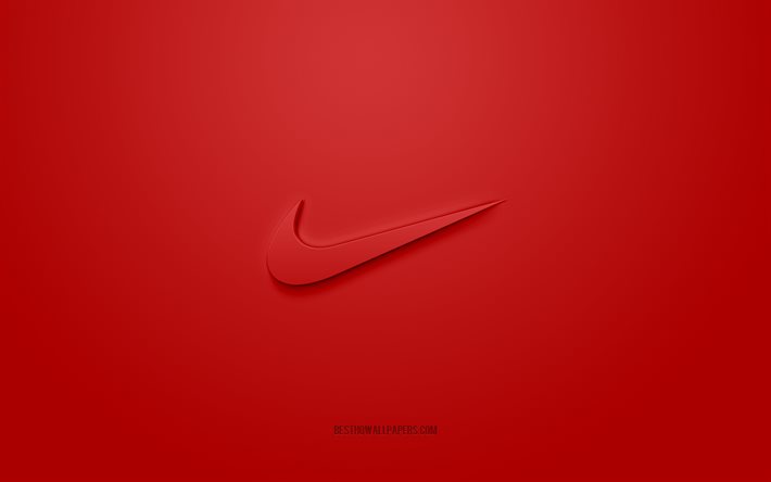 Nike logotyp, r&#246;d bakgrund, Nike 3d logotyp, 3d konst, Tommy Hilfiger, varum&#228;rken logotyp, r&#246;d 3d Nike logotyp