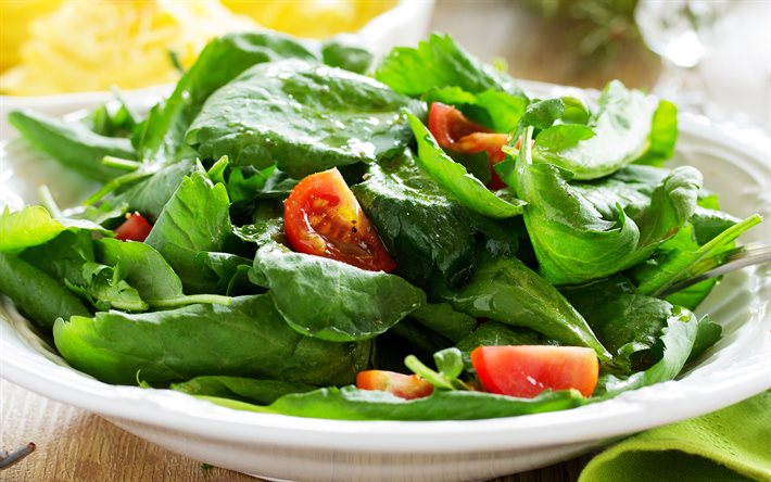 insalata di spinaci e pomodoro, 4k, foglie di spinaci verdi, cibo sano, dieta, shpitan, pomodori, insalate di spinaci