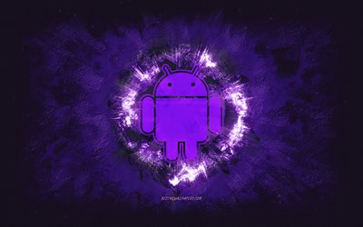 Android-logo, grunge-taide, violetti kivitausta, Android-violetti logo, Android, luova taide, violetti Android grunge -logo