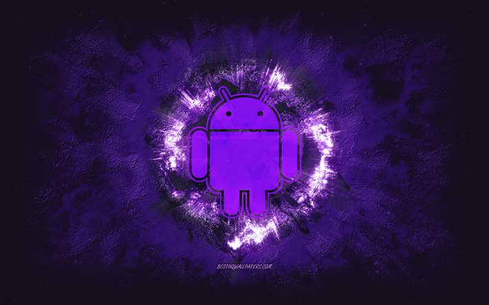 Android-logo, grunge-taide, violetti kivitausta, Android-violetti logo, Android, luova taide, violetti Android grunge -logo