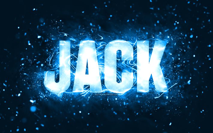 alles gute zum geburtstag jack, 4k, blaue neonlichter, jack name, kreativ, jack happy birthday, jack geburtstag, beliebte amerikanische m&#228;nnliche namen, bild mit jack namen, jack