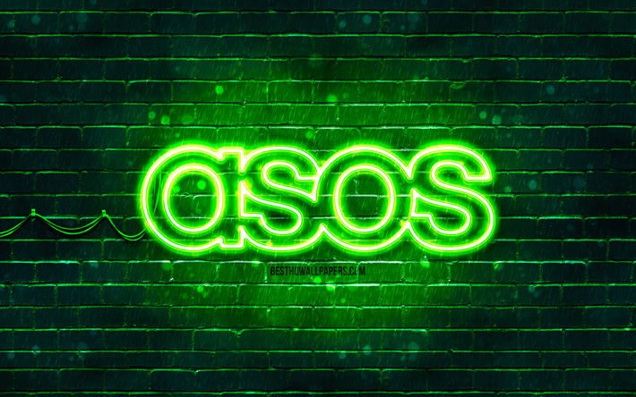 asos グリーン ロゴ, 4k, 緑のレンガ壁, asos ロゴ, ブランド, asos ネオンロゴ, アソス