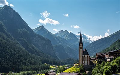 Grossglockner, Alps, mountains, spring, church, Glockner, mountain landscape, Brenner Pass, Austria
