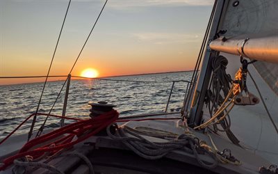sunset on a yacht, evening, sailboat, yacht, seascape, sea, yachts