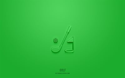 golf 3d icon, gr&#252;ner hintergrund, 3d symbole, golf, sport icons, 3d icons, golf schild, sport 3d icons