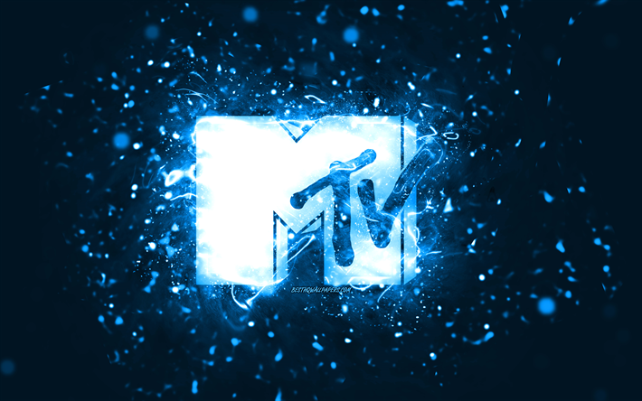 MTV blue logo, 4k, blue neon lights, creative, blue abstract background, Music Television, MTV logo, brands, MTV