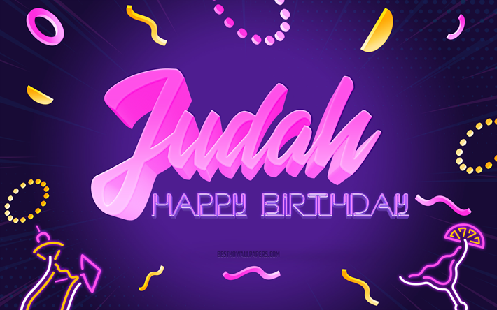 joyeux anniversaire judah, 4k, purple party background, judah, art cr&#233;atif, joyeux anniversaire de judah, nom de judah, judah birthday, arri&#232;re-plan de la f&#234;te d’anniversaire