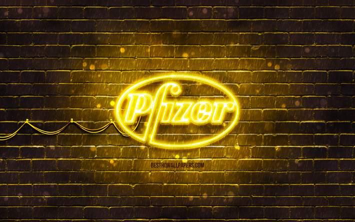 Pfizer yellow logo, 4k, yellow brickwall, Pfizer logo, Covid-19, Coronavirus, Pfizer neon logo, Covid vaccine, Pfizer