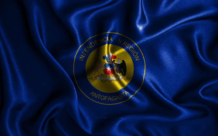 bandera de antofagasta, 4k, banderas onduladas de seda, regiones chilenas, banderas de tela, arte 3d, antofagasta, regiones de chile, bandera 3d de antofagasta, chile