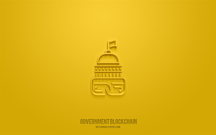 hallituksen lohkoketju 3d-kuvake, keltainen tausta, 3d-symbolit, hallituksen lohkoketju, kryptovaluuttakuvakkeet, 3d-kuvakkeet, hallituksen lohkoketjumerkki, kryptovaluutan 3d-kuvakkeet