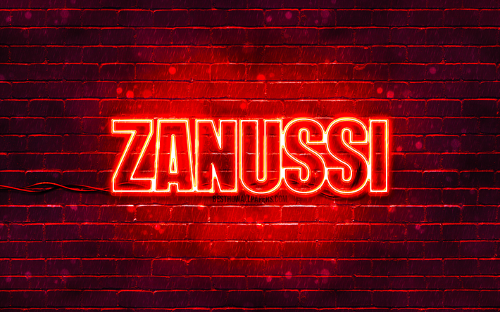 logotipo rojo de zanussi, 4k, pared de ladrillo rojo, logotipo de zanussi, marcas, logotipo de ne&#243;n de zanussi, zanussi