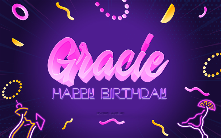 buon compleanno gracie, 4k, purple party background, gracie, arte creativa, happy gracie birthday, gracie name, gracie birthday, birthday party background